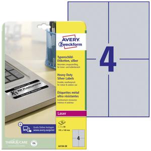 Avery-Zweckform L6134-20 Etiketten voor typeplaatjes 105 x 148 mm Polyester folie Zilver 80 stuk(s) Permanent hechtend Laser (zwart/wit), Kopiëren (zwart/wit),