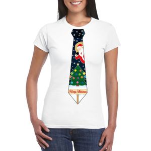 Fout kerst t-shirt wit met kerstboom stropdas voor dames