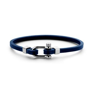 Frank 1967 7FB 0331 Armband staal/leder donkerblauw 21 cm