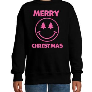 Kersttrui/sweater voor jongens/meisjes - Merry Christmas - zwart - Smile Emoticon - glitter roze