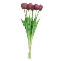 DK Design Kunst tulpen boeket - 7x stuks - aubergine paars - real touch - 43 cm   -