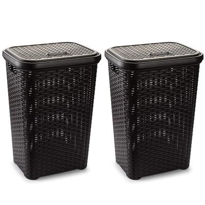 Plasticforte Wasmand met deksel - 2x stuks - 60 liter - donkerbruin - rotan - kunststof - L35 x B43