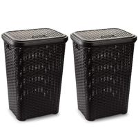 Plasticforte Wasmand met deksel - 2x stuks - 60 liter - donkerbruin - rotan - kunststof - L35 x B43