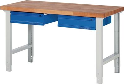 Promat Werkbank | serie BK 650 | B1500xD700xH790-1140mm beukenh. massief | lichtgrijs RAL7035 gentiaanblauw RAL5010 | 2 laden - 9000425520 9000425520