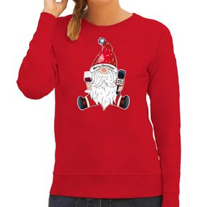 Foute kersttrui/sweater voor dames - karaoke gnoom - rood - kerstkabouter - zingen