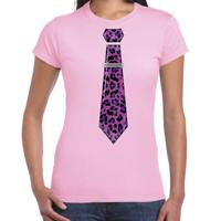 Verkleed T-shirt voor dames - panterprint stropdas - roze - foute party - carnaval/themafeest - thumbnail