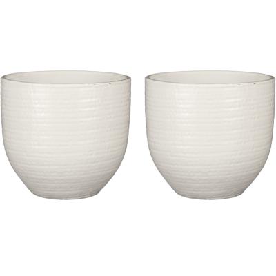 Plantenpot/bloempot Carrie - 2x - terracotta - wit met patroon - D20/H18 cm Plantenpot/bloempot Carrie - 2x - terracotta - wit met patroon - D20/H18 cm