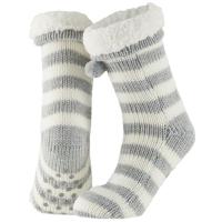 Apollo Dames huissokken/slofsokken - grijs/wit - gestreept - maat 36-41 - Anti-slip Apollo Dames huissokken/slofsokken - grijs/wit - gestreept - maat 36-41 - Anti-slip