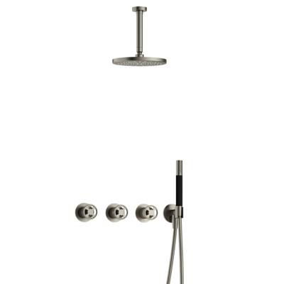 Hotbath Cobber - CW7067 - Inbouw Regendoucheset - Geborsteld Nikkel - 2 Stopkranen - Thermostatisch - Plafondbuis 15 cm - Hoofddouche 200 mm - Ronde Handdouche - Waterbesparend