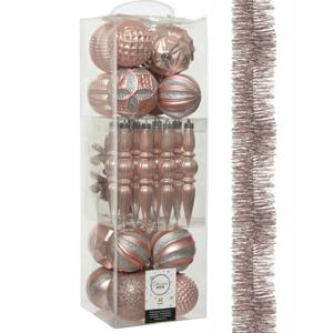 Decoris 30x stuks kunststof kerstballen en ornamenten met slinger lichtroze - Kerstbal