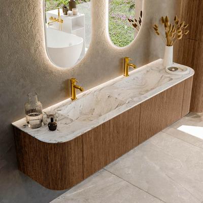 Mondiaz KURVE-DLUX 180 cm Onderkast Greeploos 2 Lades Met Deuren Walnut, Wastafel Solid Surface Dubbel Glace 2 Kraangaten Zonder Spiegel (KRVLEA180L+R2L2D2KD-Wal/Gla)