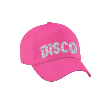 Disco thema verkleed petje - baseballcap - voor volwassenen - zilver glitter bedrukking - roze