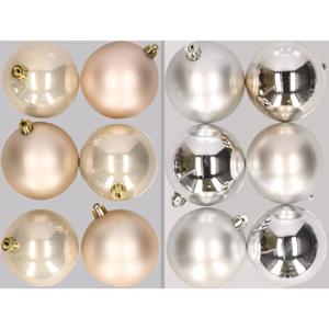 12x stuks kunststof kerstballen mix van champagne en zilver 8 cm - Kerstbal