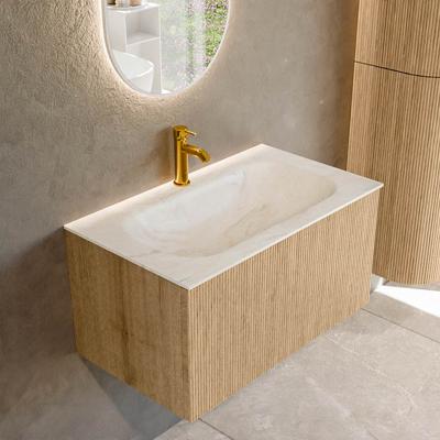 Badmeubel Mondiaz Kurve-Dlux | 80 cm | Meubelkleur Oak | Wastafelkleur Ostra | Solid surface | Midden spoelbak | 1 kraangat