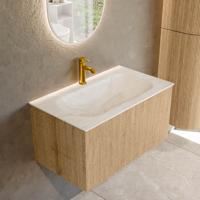 Badmeubel Mondiaz Kurve-Dlux | 80 cm | Meubelkleur Oak | Wastafelkleur Ostra | Solid surface | Midden spoelbak | 1 kraangat Badmeubel Mondiaz Kurve-Dlux | 80 cm | Meubelkleur Oak | Wastafelkleur Ostra | Solid surface | Midden spoelbak | 1 kraangat