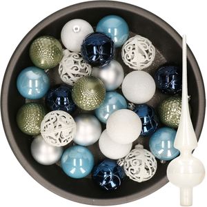 37x stuks kunststof kerstballen 6 cm incl. glazen piek blauw-wit-zilver-groen