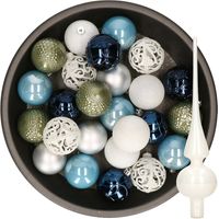 37x stuks kunststof kerstballen 6 cm incl. glazen piek blauw-wit-zilver-groen - thumbnail