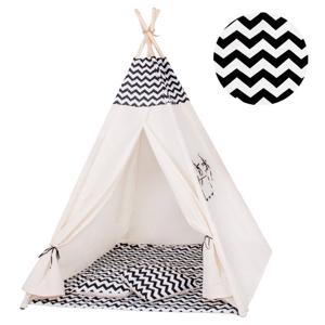 Tipi Tent Wigwam Speeltent 120x100x180 cm Met Mat en Kussens Naturel Zwart Golven