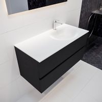 Mondiaz Vica Moon badmeubel zwart mat 100 cm 2 lades solid surface enkele spoelbak rechts 1 kraangat