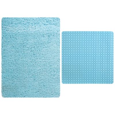MSV Douche anti-slip mat en droogloop mat - Venice badkamer set - rubber/microvezel - lichtblauw