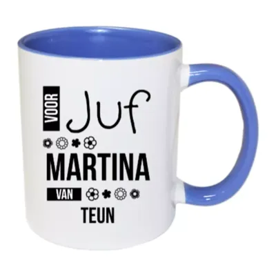 Voor Juf mok met naam (blauw)