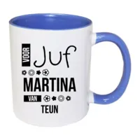 Voor Juf mok met naam (blauw)