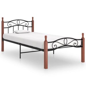 Bedframe metaal en massief eikenhout zwart 90x200 cm