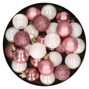 28x stuks kunststof kerstballen parelmoer wit en oud roze mix 3 cm