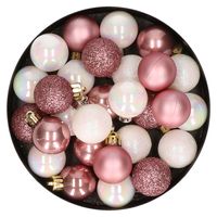 28x stuks kunststof kerstballen parelmoer wit en oud roze mix 3 cm - thumbnail