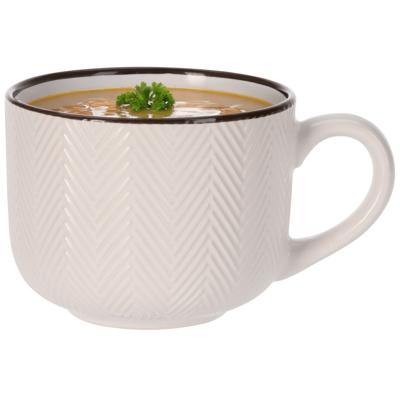 Soepkom Fishbone - cremewit - 12 x 9 cm - keramiek - kommetjes met oor - 560 ml