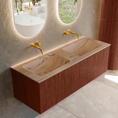 Badmeubel Mondiaz Kurve-Dlux | 130 cm | Meubelkleur Ruby | Wastafelkleur Arena | Solid surface | Wasbak beide zijden spoelbak | Zonder kraangat(en)