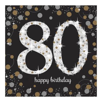 Servetten 80 jaar - 16x stuks - zwart - 33 x 33 cm - confetti - luxe - verjaardag