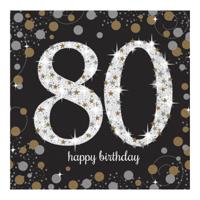 Servetten 80 jaar - 16x stuks - zwart - 33 x 33 cm - confetti - luxe - verjaardag