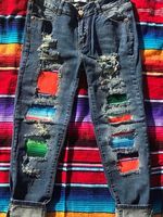 Blue Boho Stripes Ripped Jeans