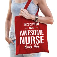 Bellatio Decorations cadeau tas voor verpleegkundige - rood - katoen - 42 x 38 cm - awesome nurse   - - thumbnail