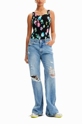 Geribde body met schouderbandjes - BLACK - S