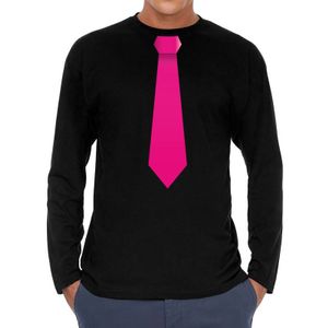 Zwart long sleeve t-shirt zwart met roze stropdas bedrukking heren 2XL  -