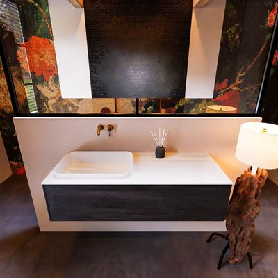 Badkamermeubelset Mondiaz Erin 120 cm met 1 Lade met RIDGE Wastafel Links Talc Zonder Kraangaten Greeploos Mat Dark Brown