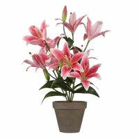 Fuchsia roze Tigerlily/tijgerlelie kunstplant 47 cm grijze pot   -