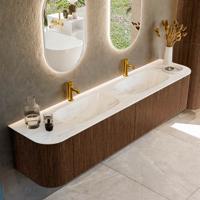Badmeubel Mondiaz Kurve-Dlux | 200 cm | Meubelkleur Walnut | Wastafelkleur Ostra | Solid surface | Dubbele spoelbak | 2 kraangaten
