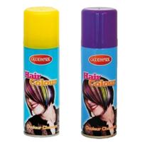 Carnaval verkleed haarverf - haarspray - kleuren paars en geel - 125 ml per flacon Carnaval verkleed haarverf - haarspray - kleuren paars en geel - 125 ml per flacon