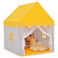 Kinder Speelhuis Stevige Speeltent Groot Speelhuis met Stevig Houten Frame & Katoenen Mat Echt Huis Binnen Sprookjestent met Deur Geel
