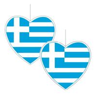 Hangdecoratie Griekenland hart - 2x - 14 cm - papier - brandvertragend - Griekse vlag