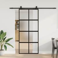 Schuifdeur met beslagset 90x205 cm gehard glas zwart