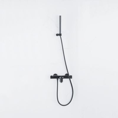Fortifura Calvi Thermostatische badkraan met staafhanddouche, handdouchehouder en metalen doucheslang mat zwart SW496811/SW720565/SW720224/SW706203