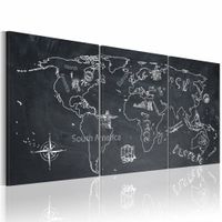 Schilderij - Wereldkaart - Globetrotter, Krijtbord Look, Zwart-Wit, 3luik , premium print op canvas