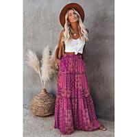 Dames Rok Schommel Lange rok Bohemen Maxi Rokken Ruche Afdrukken Bloemig Grafisch Feestdagen Casual / Dagelijks Lente Herfst Polyester Modieus Gopi-jurk oma-stijl aan de kust Boho Rood blauw Paars Lightinthebox