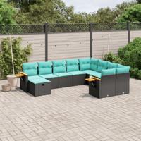 10-delige Loungeset met kussens poly rattan zwart