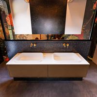 Badkamermeubelset Mondiaz Erin 150 cm met 2 Lades met RIDGE Wastafel Dubbel Talc Zonder Kraangaten Greeploos Mat Rust