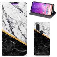 Motorola One Vision Standcase Marmer Wit Zwart - Origineel Cadeau Man - thumbnail